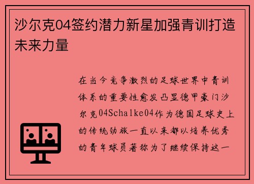 沙尔克04签约潜力新星加强青训打造未来力量